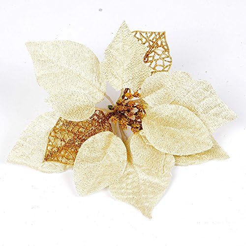Pack of 12 Glitter Artificial Wedding Christmas Flowers Glitter Poinsettia Christmas Tree Ornaments (Gold)