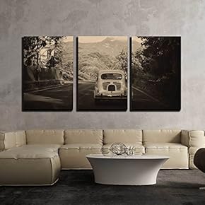 3 Piece Canvas Wall Art - Sepia Photo of a Retro Car Going to Mountains - Modern Home Art Stretched and Framed Ready to Hang - 16"x24"x3 Panels