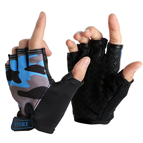 NATURE Ann Boy Girl Child Children Kid Half Finger Fingerless Short Shock-Absorbing No-Slip Pro Cycling Gloves Mitten for Cycling MTB Exercise Skate Skateboard Roller Skating Other Sports (Blue+Grey)