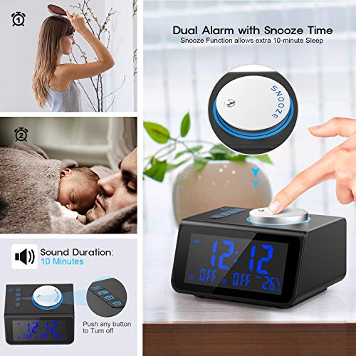 LATME-Alarm-Clock-Radio-for-Heavy-Sleepers W Dual Alarms,3.2'' Digital Display and Dimmer,7 Alarm Sounds,Snooze,2 USB Ports,Bedside FM Radio Clocks with Temp for Bedrooms/Kitchen/Office (Black-Blue)
