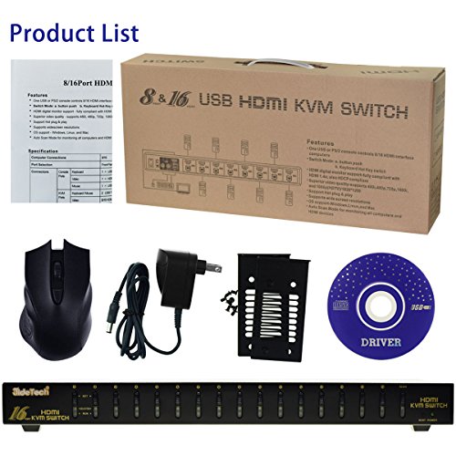 HDMI KVM Switch 16 Ports for Windows, Linux, MacOS9/OSX, Sun Micro System/Auto-Scan