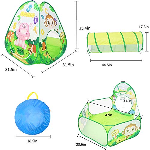 LOJETON 3pc Kids Play Tent, Tunnel & Ball Pit with Basketball Hoop for Boys, Girls and Toddlers - Indoor/Outdoor Use Pop Up Tent