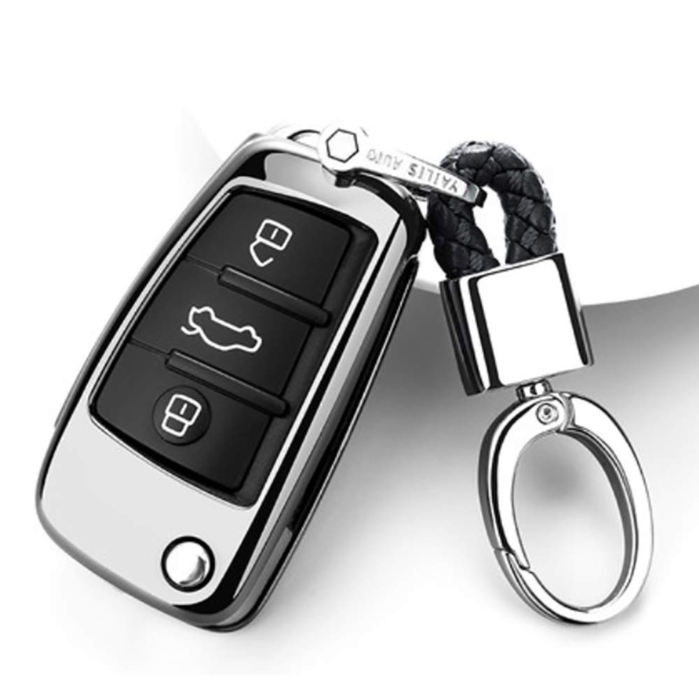 ontto Key Shell Folding Flip Key Fob Case Cover with Braided Cord Keychain 360 Degree Full Protection TPU Key Holder for A3 A4 A6 A6L A8 TT Q7 S6 Silver