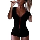 Roselux Women's Sexy Deep V Neck Shorts Short Sleeve Knitted One Piece Bodysuit Sexy Pajama Onesie Bodycon Rompers Overall