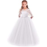 HIHCBF Flower Girls 3/4 Sleeves Lace Tulle A-Line Dress Floor Length Pageant Party Wedding Maxi Evening Dance Prom Ball Gown