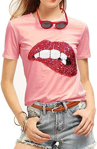 Women's Sequined Sparkely Glittery Lip Print T Shirt Cute Embroidery Teen Girls Tops