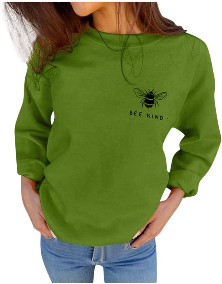 Andouy Women's Autumn Sweatshirts Bee Kind Letter Print Casual Loose Blouses