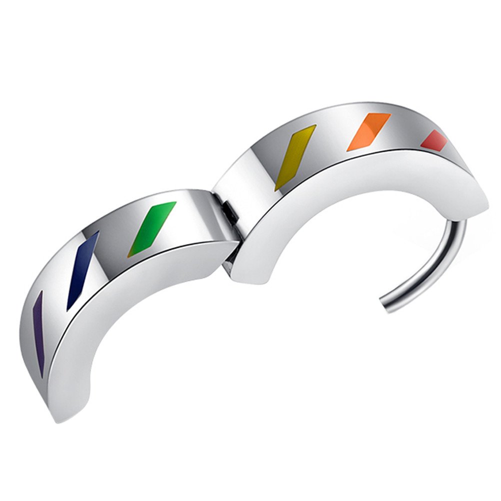 HIJONES Men's Stainless Steel Rainbow Flag Huggie Hinged Hoop Earrings LGBT Gay Pride Design