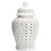 VOSAREA Ginger Jar Traditional Pierced Ginger Jar with Lid Ceramic Vase Carved Lattice Decorative Temple Jar White Ginger Jars for Home Decor