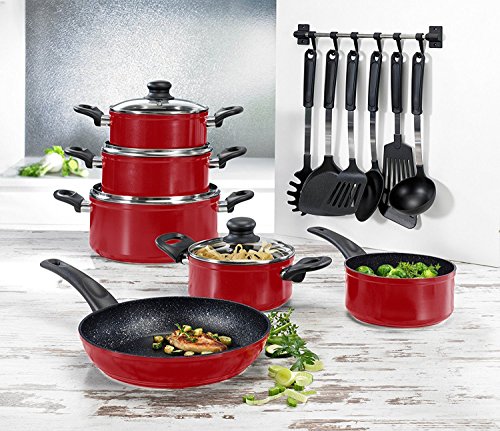 BEEM 17 Piece Cast Aluminum Non Stick Cookware Set with Cooking Utensils - Non-stick - 17-Piece - Red