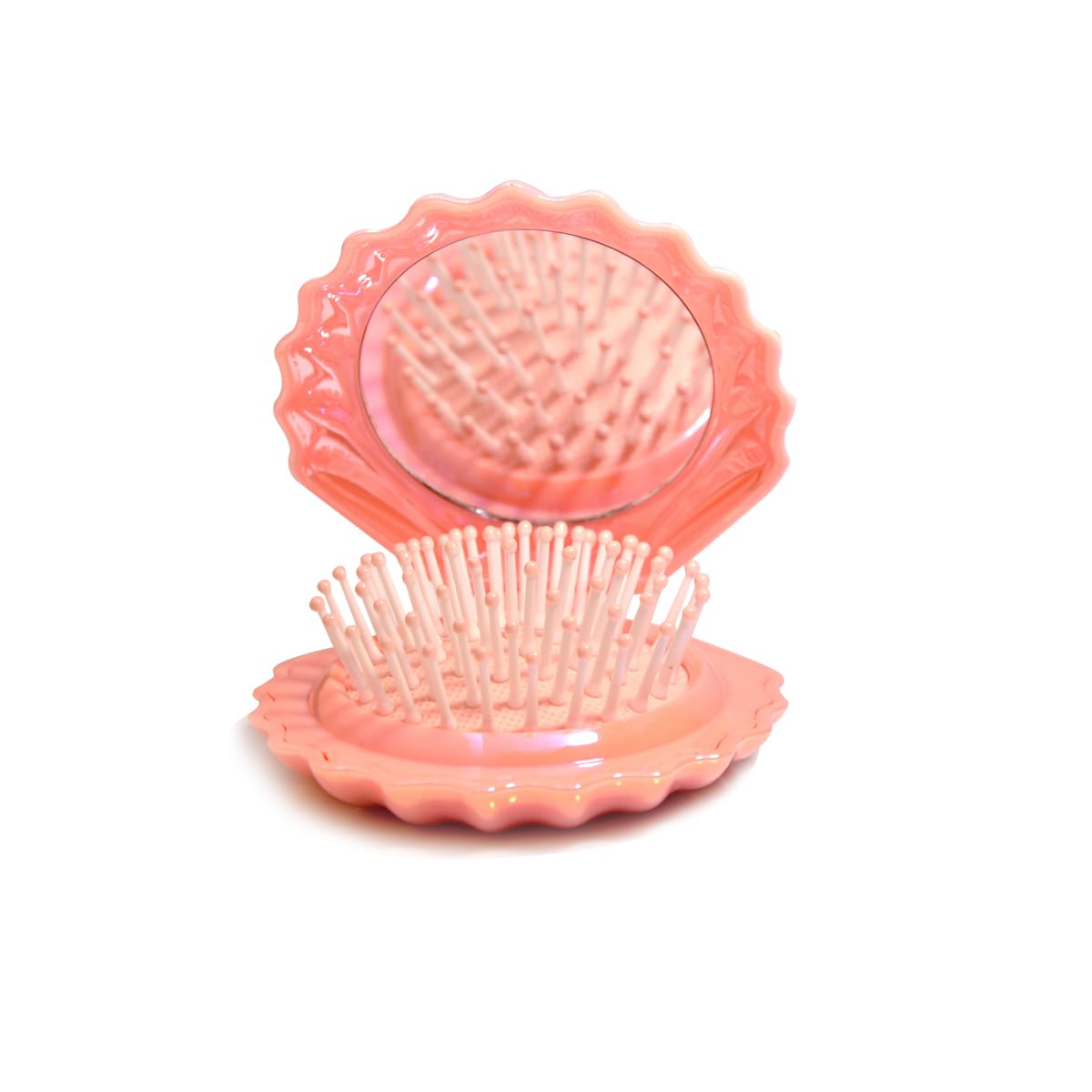 Metallic Shinning Finish Foldable Travel Hair Brushes with Mirror Shell Shape Portable Folding Pocket Hair Brush Mini Hair Comb Compact Size Hair Massage Comb (Pink)