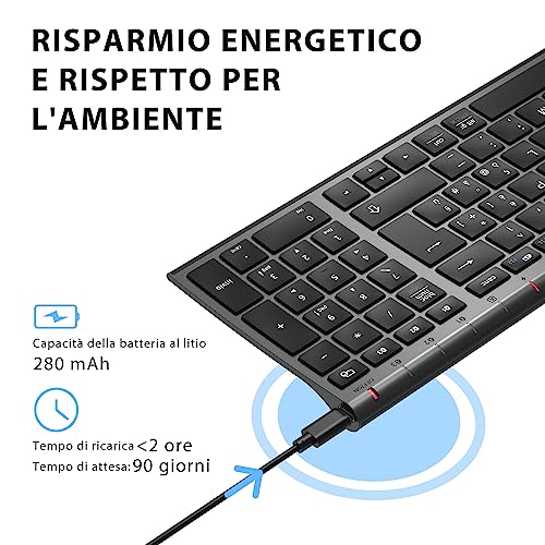 iClever Bluetooth 5.1 Multi-Device Rechargeable Keyboard with Numeric Keypad and Ergonomic Design for Mac OS, Android, Windows