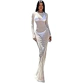 RARITYUS Women's Sexy See Through Long Sleeve Maxi Dress Swimwear Cover Up Mesh Sheer Beach Dress Bikini Coverups