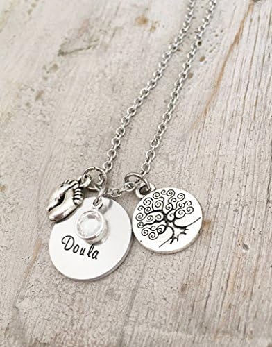 Personalized Doula Jewelry Necklace Gift with Tree of Life, Baby's Feet Charm and Swarovski Birthstone
