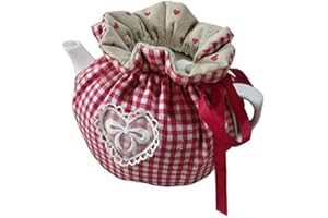 YANGSHINE Vintage Floral Tea Cozy, Cotton Tea Pot Cosy Dust Proof Insulated Decorative Tea Kettle Cover Breakfast Insulation Lid Warmer Kitchen Coffee Table Decorative Accessories, Red Grid with Lace Bow