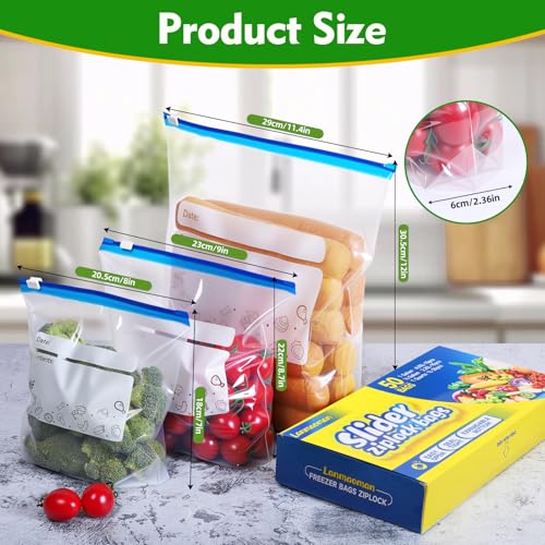 50 Pack Reusable Freezer Bags 3 Sizes (1L, 2.25L, 4.55L) for Batch Baking, Fruit, Vegetable, Meat, Snacks, BPA Free Sandwich Bags with Zipper and Bottom