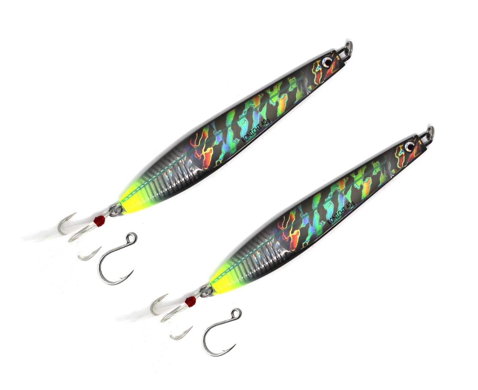 FISHZONE - 10 Pack 2 x KONICHI RIP RIDER Long Cast Fishing Lures - 11.50cm / 40g - Dressed Marine Mylar Treble & In-line 3/0 Hook (4 Colours Designs) For Predatory Fishing (Black Chrome)