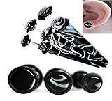Fake Ear Expander Taper Plugs Black And White Marble Style 6g up to 0g (0g=8mm) (4g=5mm)