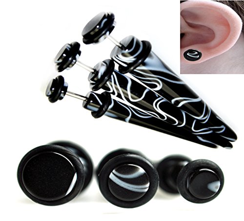 Fake Ear Expander Taper Plugs Black And White Marble Style 6g up to 0g (0g=8mm) (4g=5mm)