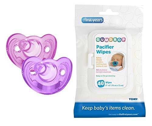 GumDrop Silicone Newborn Pacifier with 40 Count Pacifier Wipes, Pink/Purple