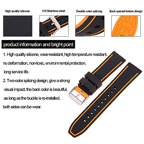 EACHE Silicone Watch Band Two-Color Splicing Rubber Replacement Diver Sport Waterproof Watch Strap Black Orange Silver Buckle 22mm