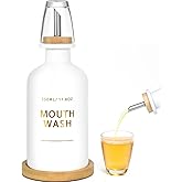 Ledanba Mouthwash Dispenser for Bathroom 11.8oz – Glass Mouthwash Bottle with Cup & Bamboo Tray, Gold Hot-Stamped Lettering, Nordic Style Countertop Accessory, White Bathroom Accessories (White)
