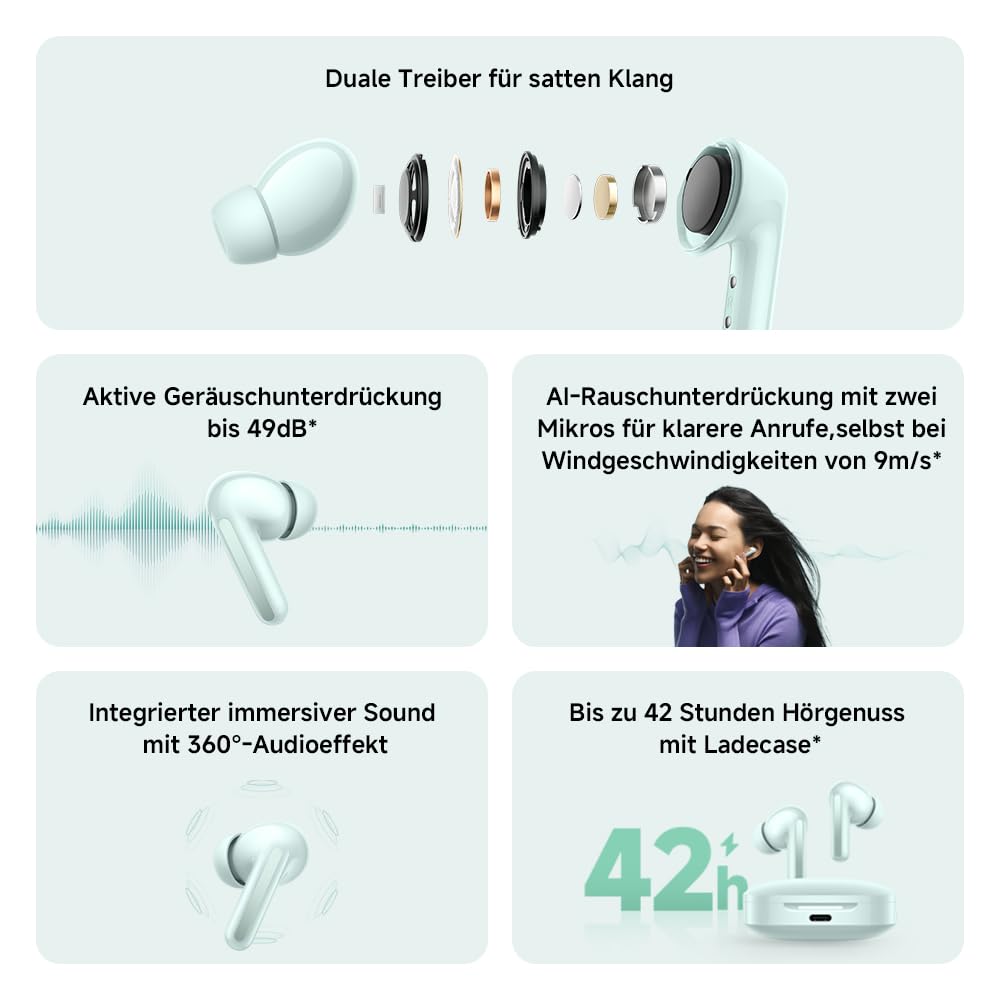 XIAOMI Redmi Buds 6 – Kabellose Bluetooth-In-Ear-Kopfhörer, Dual-Treiber, immersiver Sound, 49 dB aktive Geräuschunterdrückung, bis zu 10h+42h Akkulaufzeit, IP54, Schwarz 2