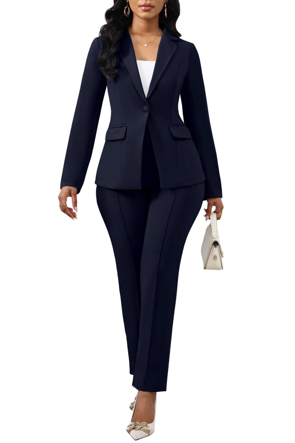 Photo 1 of 2 Piece Blazer Outfits for Women Casual One Button Blazer Jacket with Pant Suit Long Sleeve Bodycon Pantsuits Navy Blue XL