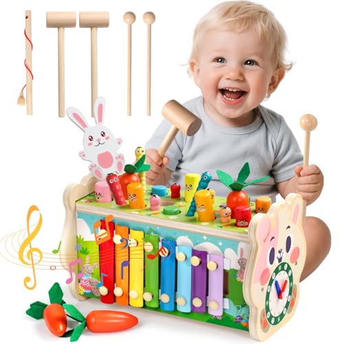 Fajiabao Montessori 1 Year Old Baby Toy - 7 in 1 Wooden Educational Toy Child Toy 1 Year Old Game Hammer and Xylophone Baby, Picking Turnips, Gift Child 1 2 3 Years Boy Girl Birthday Gift