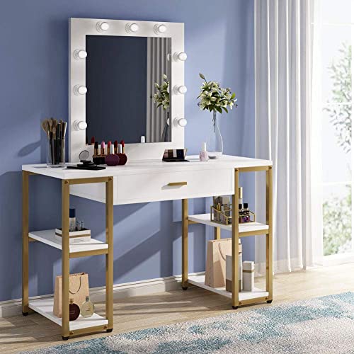 Tribesigns Gold Vanity Table with Lighted Mirror, White Makeup Dressing