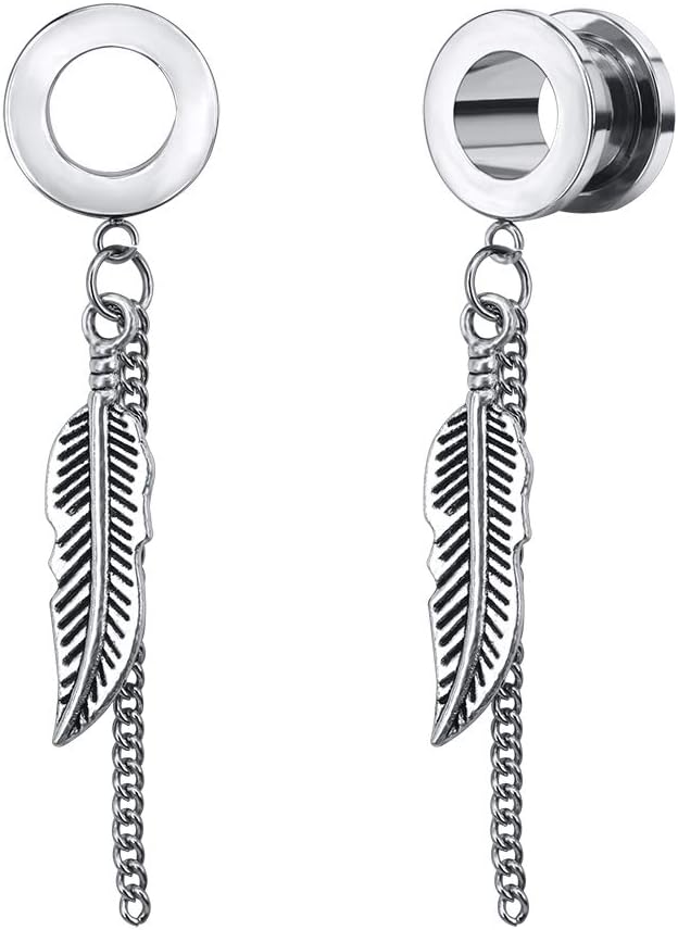 ZS Cool Surgical Steel Ear Tunnel Feather Chain Dangle Gauge Flesh Tunnel Plug for Ear Stretching Piercing