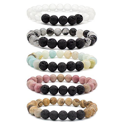 Bivei Lava Rock Stone Essential Oil Diffuser Bracelet - Natural Semi Precious Gemstone Beads Healing Crystal Bracelet(Set of 5)