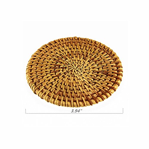 BRILA Hand-woven Rattan Coasters With Multipurpose Coaster Holder, Exotic Handmade Teacup coasters, Creative Gift, Set of 6 (3.94")