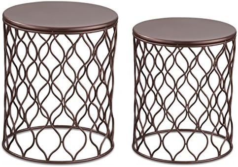 Home Garden Round Metal Tables - Set Of 2 Antique Bronze, Stand Chair, Hatched Daimond Pattern, For Indoor Outdoor