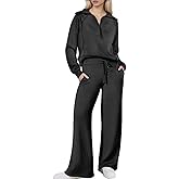 RXGOY Women's 2 Piece Outfits 2025 Casual Half Zip Wide Leg Pants Tracksuit Sets Lounge Set Travel Vacation Sweatsuits (US, Alpha, Large, Regular, Regular, Black)
