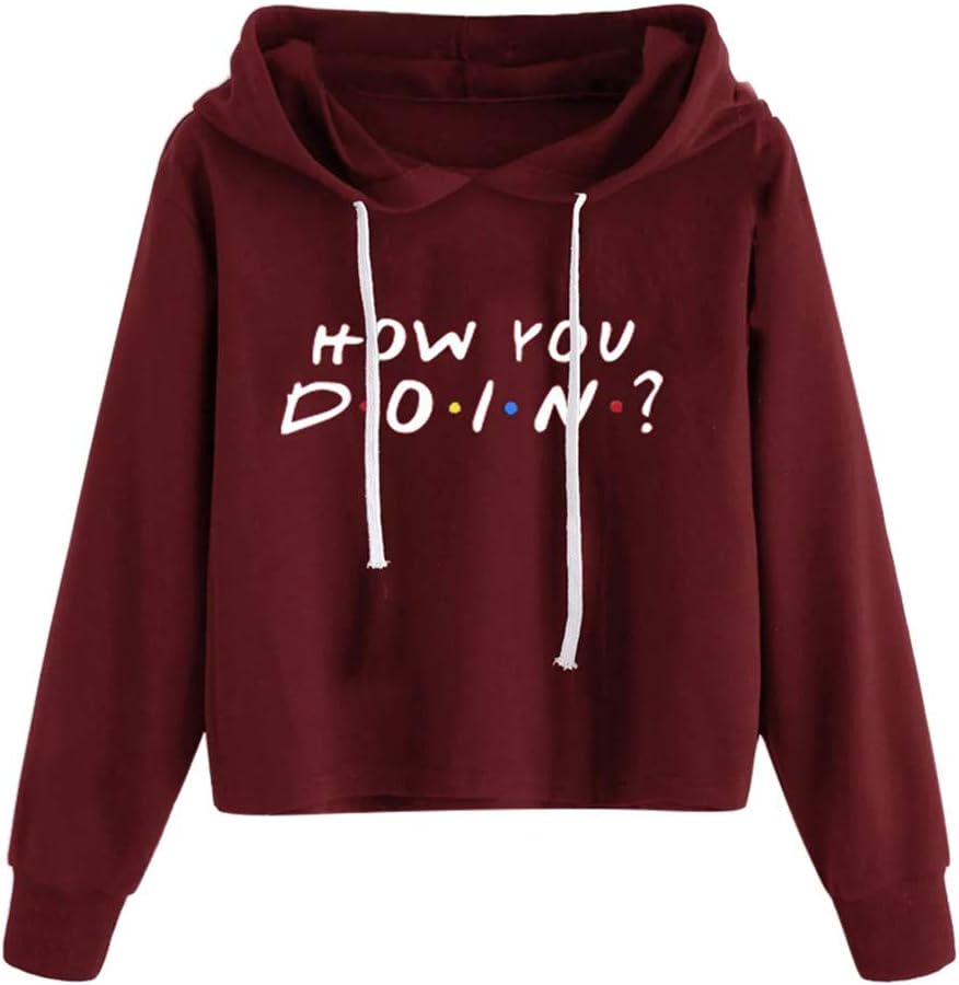 How You Doin | KUDICO Womens Casual Letter Printed Hoodie Cropped Sweatshirt Long Sleeve Tops Pullover Jumper