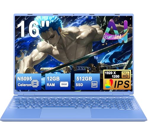 Laptop 16 Inch Celeron N5095 Up to 2.9Ghz, Laptop Win 11 with 5G WiFi 12+512GB SSD Expansion 1TB, BT 4.2 Mini Multimedia Port Laptop Cooling Fan 1920*1200-Blue