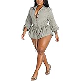 LETSVDO Women's Bubble Cargo Short Romper Long Sleeve Button Up Ruffle A Line Drawstring Ruched Casual Jumpsuit Overalls