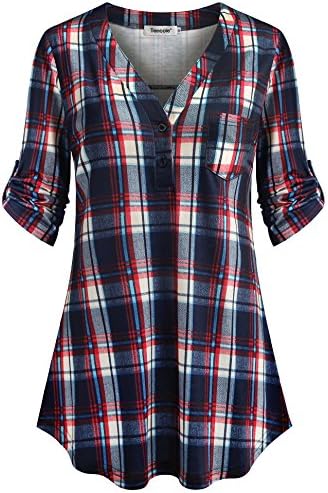 Tencole Henley Shirts Women Button V Neck 3/4 Roll-up Sleeve Office Blouses