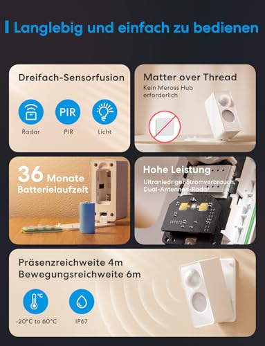 Meross Matter Over Thread Presence Sensor, Wireless WLAN Motion Sensor Indoor and Outdoor IP67, Smart Presence Sensor with mmWave, PIR, Light, Compatible with Home Assistant, HomeKit, Alexa, Google