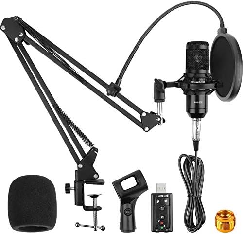 Black microphone with red click button, volume control dial, and sound level indicators.