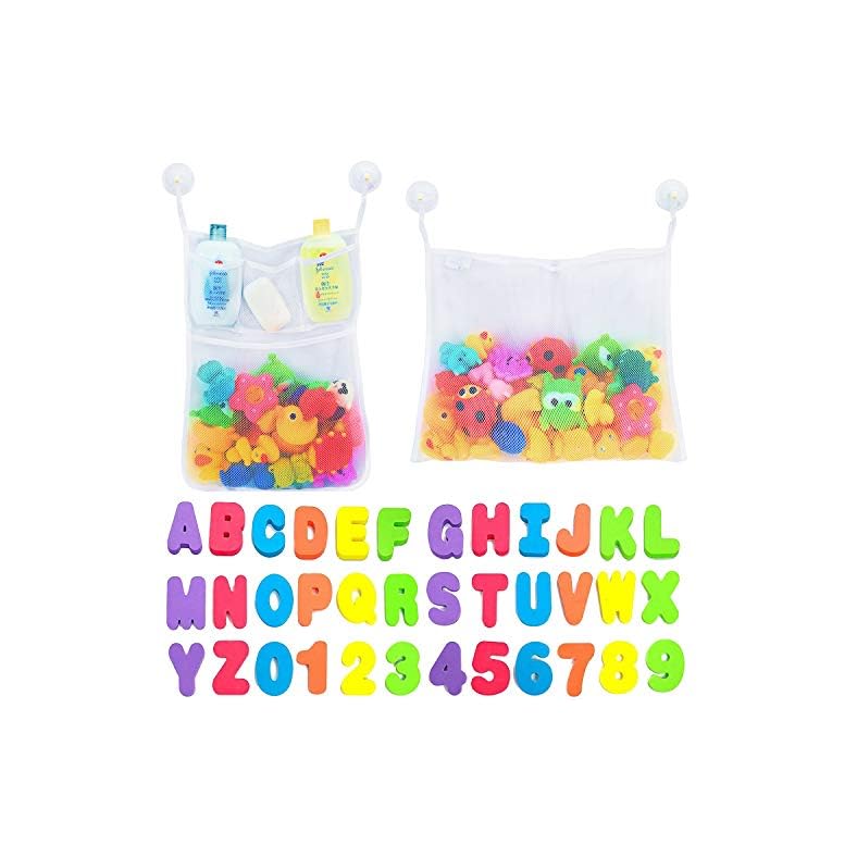 Comfylife 2 x Mesh Bath Toy Organizer + 6 Ultra Strong Hooks + 36 Bath Letters & Numbers – Eco-Safe, Fun, Educational…