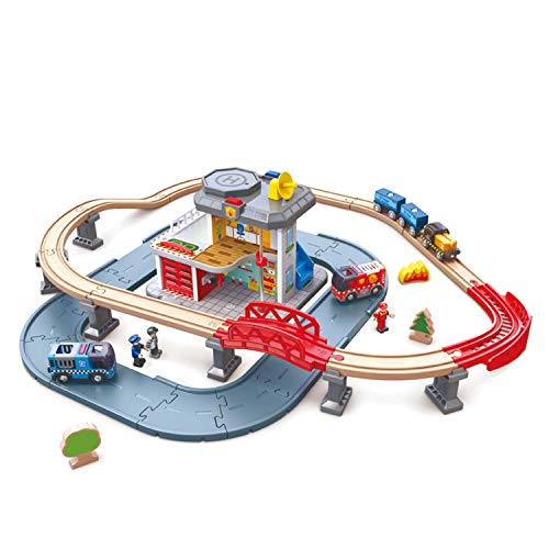 Hape Notfall-Hauptquatier mit Eisenbahnstrecke aus Holz und Straße, ab 3 Jahren