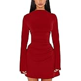 GOBLES Women's Elegant Fall Sleeve Mock Neck Slim fit Ruched A-line Mini Party Dress