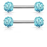 Crystal Paved Ferido Balls Nipple Bars Barbells Rings - 14G 316L Stainless Steel - Sold as a Pair (Aqua)