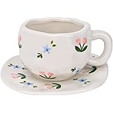 Koythin Ceramic Coffee Mug with Saucer Set, Cute Creative Pink and Blue Floral Cup Unique Irregular Design for Office and Home, 10 oz/300 ml for Latte Tea Milk