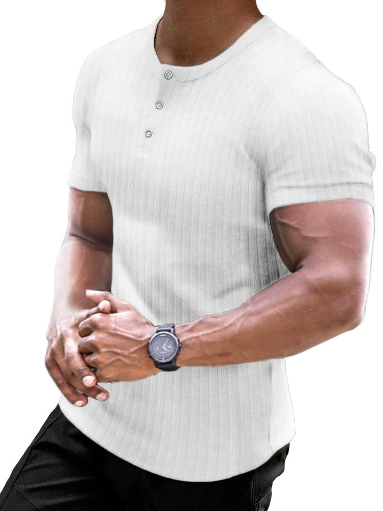 Photo 1 of Muscle Cmdr Men's Ribbed Henley Shirt Slim Fit Muscle Shirt Fitted Cotton Short Sleeve Casual Summer T-Shirt White/S