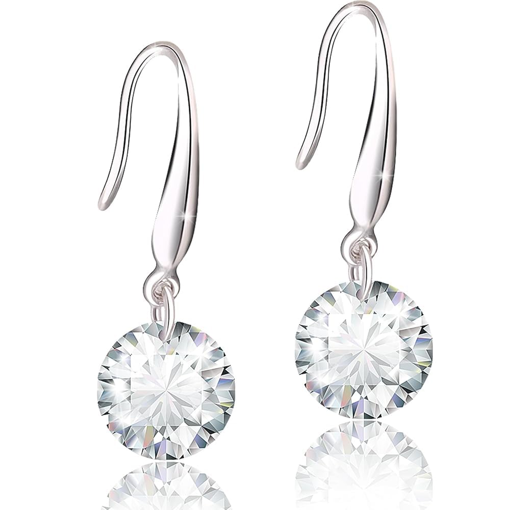 Crystalline Azuria Women 925 Sterling Silver Round White Crystals Dangle Hook Earrings