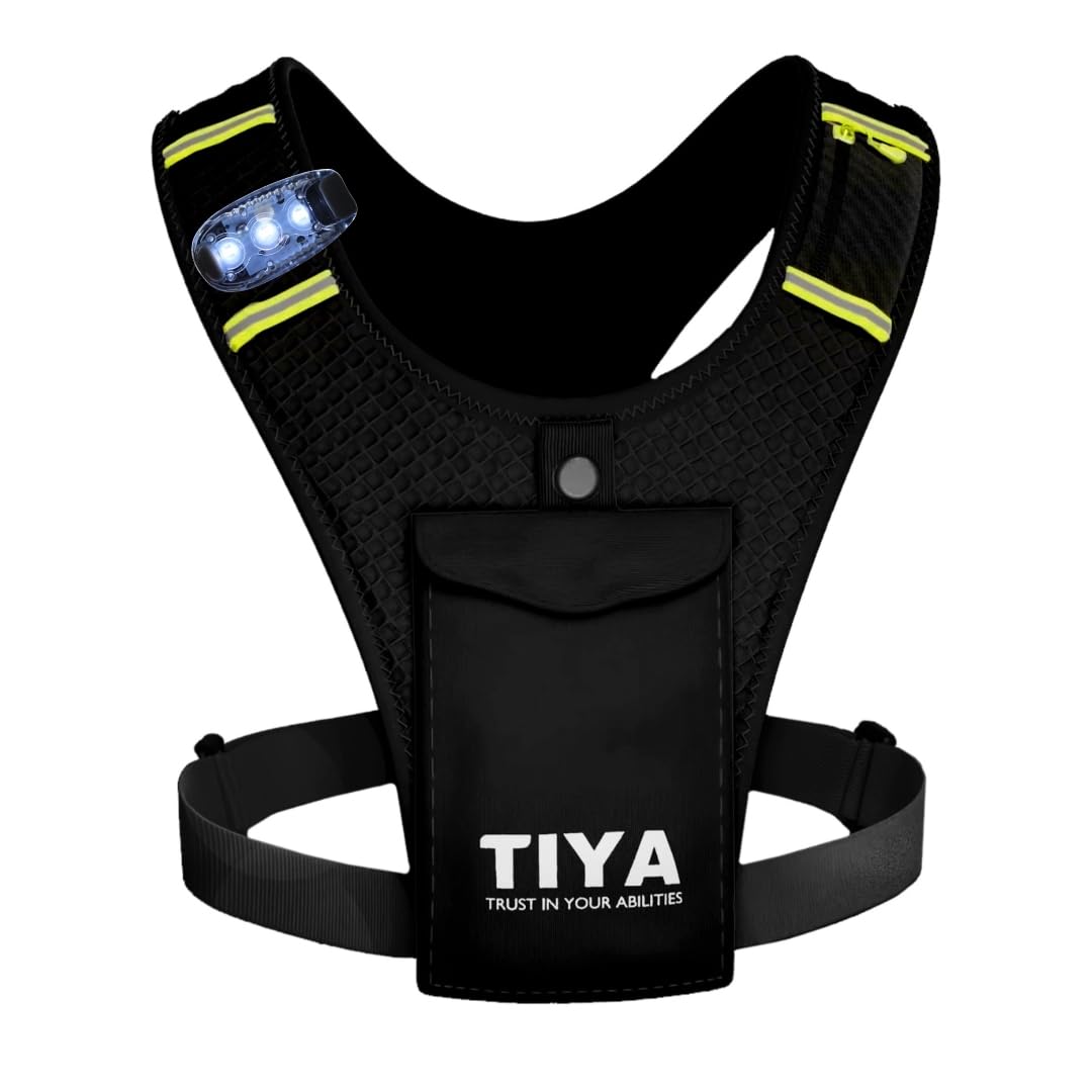 TIYA Running Vest Phone Holder with Light | Waterproof | Touchscreen Compatible | No-Bounce | Reflective | Ultra-Lightweight | Running Accessory for Men & Women | Black/Yellow