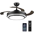 42 Inch Black Modern Ceiling Fan with Lights and Remote Retractable Fandelier Ceiling Fan 6 Speed Dimmable Memory LED Ceiling Fan Silent Reversible APP Control Smart Ceiling Fan for Bedroom Kitchen